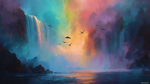 Soft rainbow light dances through the mist of the Waterfall as birds fly across the colorful sky.