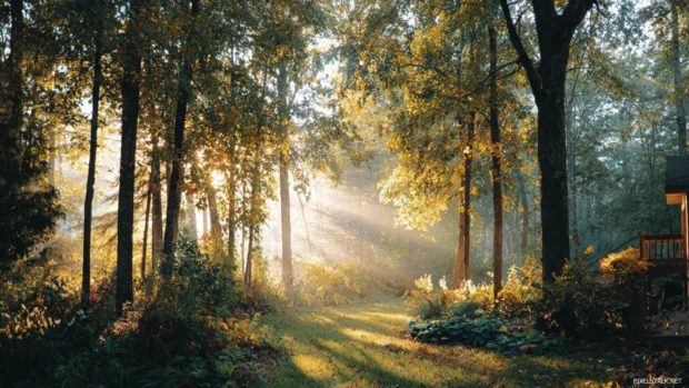 Soft sunlight filtering through the trees, illuminating the peaceful beauty of a Beautiful Fall morning.