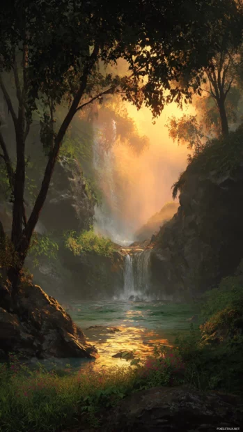 Soft sunrise over a peaceful Waterfall hidden deep in a dense forest glade.