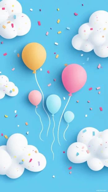 Soft tone birthday with balloons and clouds.