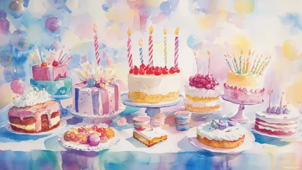 Soft watercolor strokes paint a birthday table covered with cakes, presents, and joy.