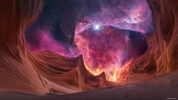 Space collides with nature in a surreal canyon where towering red rocks stand beneath glowing nebula clouds.