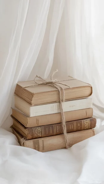 Stack of aesthetic books tied with twine and soft fabric draping behind.