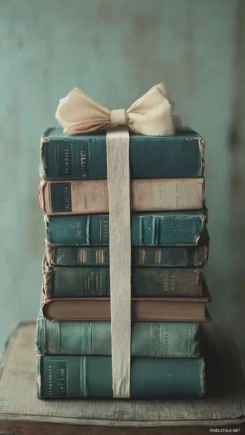 Stack of worn out novels wrapped with a bow for a sweet book lover.