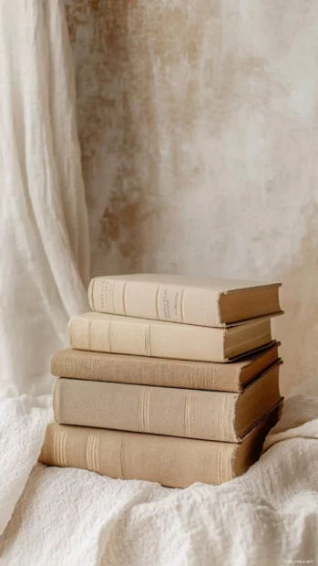 Stacked books with minimalist beige background suited for a clean book style.