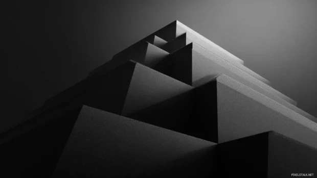 Stacked pyramid forms in a Black Geometric layout with sharp shadows and monochrome style.