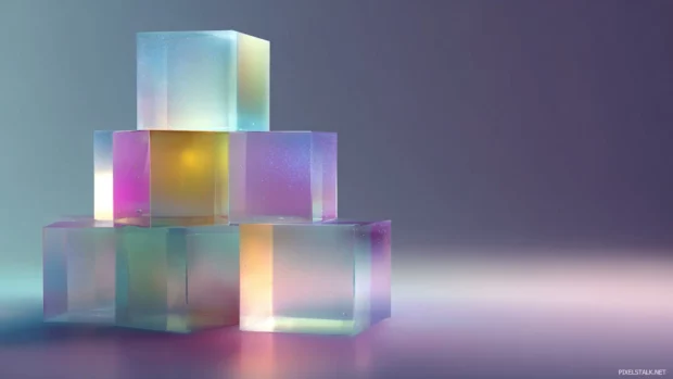 Stacked translucent Geometric blocks floating over a gradient background.