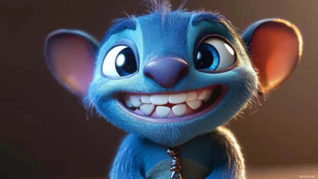 Stitch 3D character smiling brightly with vivid blue fur, realistic details.