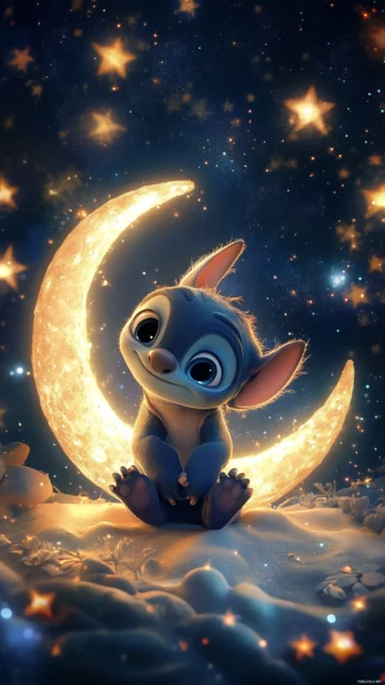 Stitch 3D sitting on a moon crescent under sparkling stars dream.