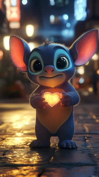 Stitch 3D wallpaper showing him holding a small glowing heart, soft lighting and vivid 3D rendering.
