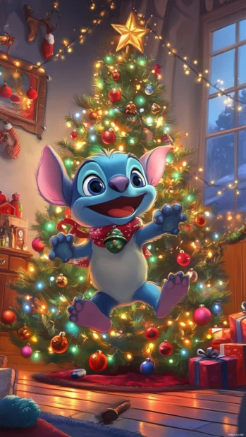 Stitch Christmas wallpaper featuring Stitch dancing around a decorated Christmas tree.