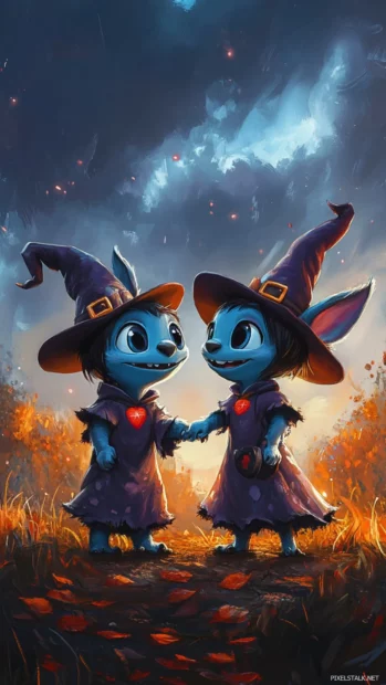 Stitch and Angel dressed as matching witches holding hands under a spooky sky.