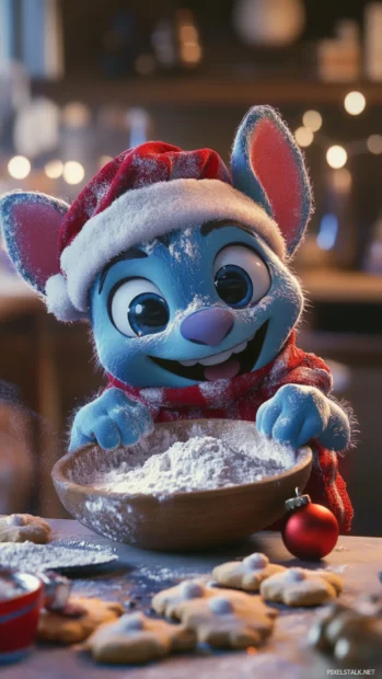 Stitch baking Christmas cookies with flour on his face.