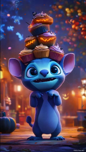 Stitch balancing a stack of spooky cupcakes on his head looking proud.