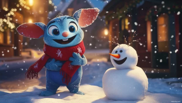 Stitch building a snowman with a red scarf and mittens, cheerful Stitch Christmas moment.