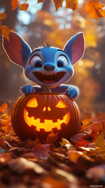 Stitch carving a jack o lantern while giggling, surrounded by autumn leaves.
