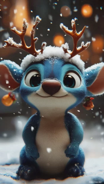 Stitch dressed as a reindeer with little antlers on his head.
