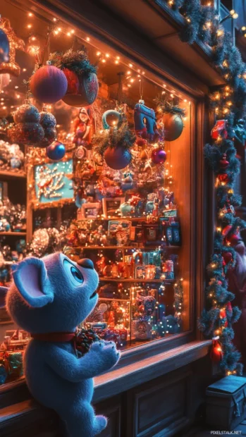 Stitch gazing in wonder at a beautifully decorated Christmas shop window.