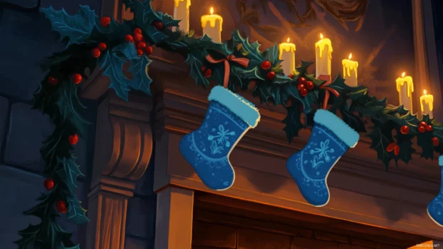 Stitch hanging stockings on a mantle with glowing candles and holly.