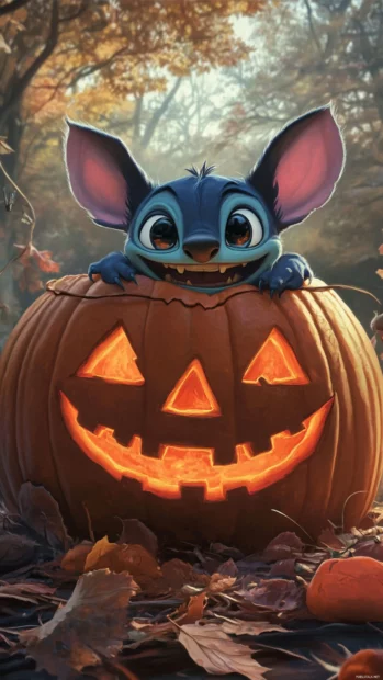 Stitch hiding inside a giant carved pumpkin peeking out with a grin.