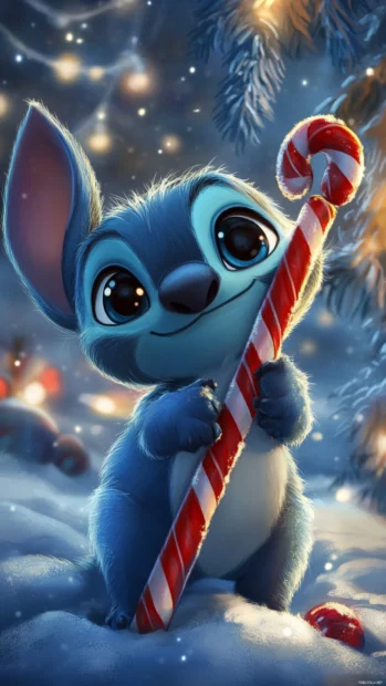 Stitch holding a candy cane with a playful sparkle in his eyes.