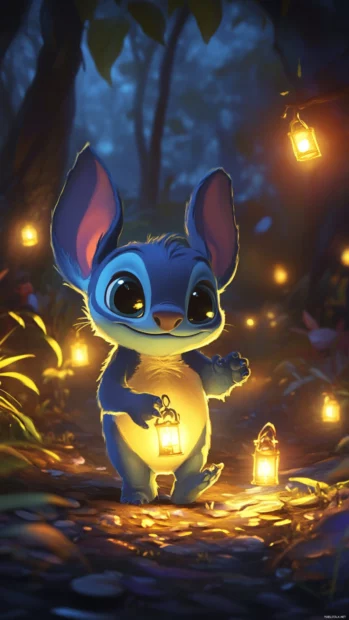 Stitch holding tiny glowing lanterns while walking through a dark enchanted garden.