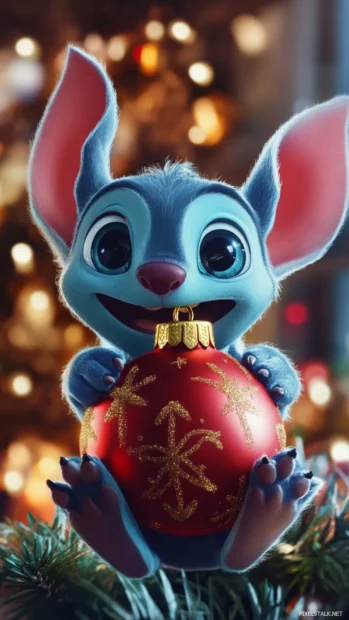 Stitch hugging a giant Christmas ornament looking delighted.