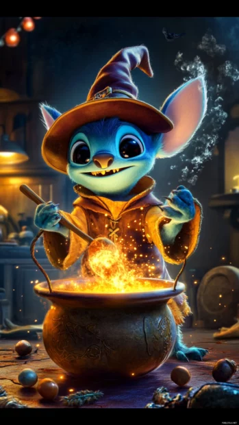 Stitch in a wizard costume stirring a bubbling cauldron.