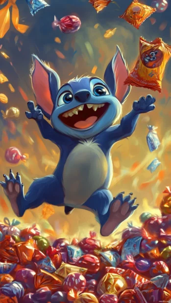 Stitch jumping excitedly into a pile of Halloween candy wrappers.