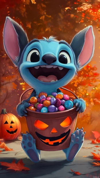 Stitch laughing while holding a bucket full of Halloween candy.