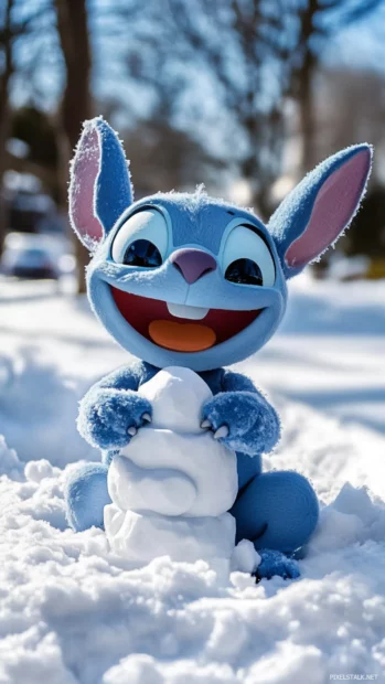 Stitch making a funny snow sculpture while giggling.