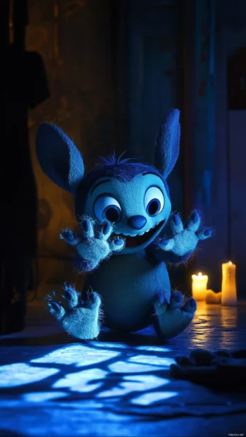 Stitch making spooky shadows with his paws under candlelight.