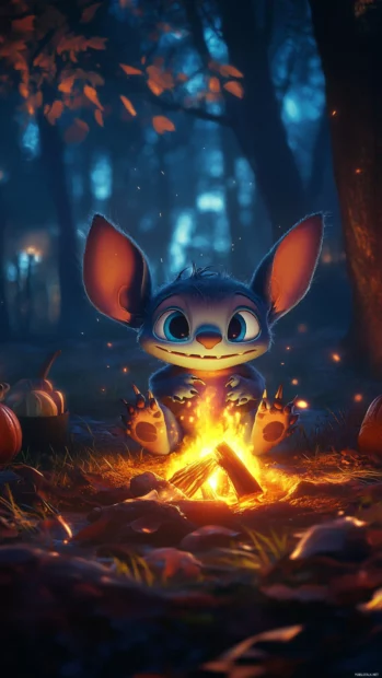 Stitch sitting beside a spooky campfire telling ghost stories.