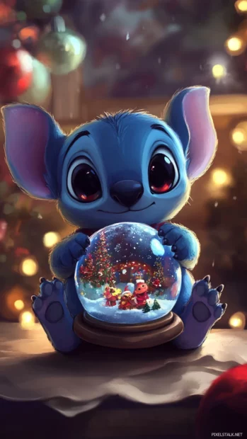Stitch sitting quietly holding a small snow globe with a Christmas scene inside.
