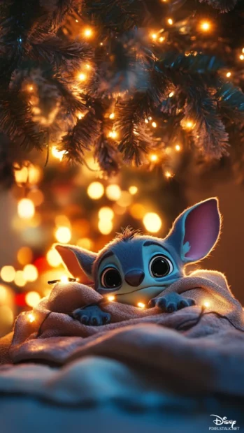 Stitch snuggled up in a blanket beside a glowing Christmas tree.