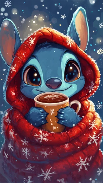 Stitch snuggling in a Christmas blanket with hot cocoa, cozy Stitch winter evening.