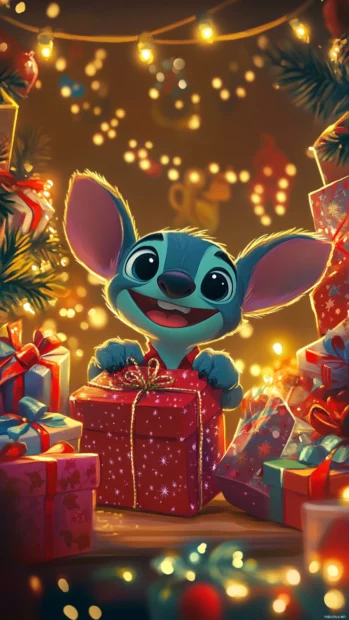 Stitch surrounded by Christmas gifts and twinkling lights, joyful Stitch holiday design.