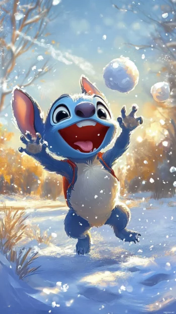 Stitch throwing snowballs and laughing under a snowy sky.