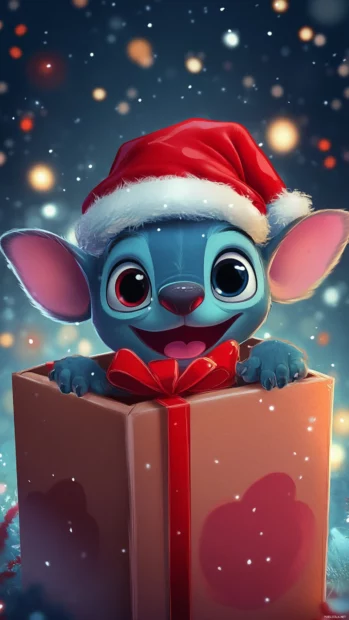 Stitch wearing a Santa hat peeking out of a wrapped gift box.
