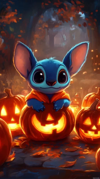 Stitch wearing a pumpkin costume sitting among glowing jack o lanterns.