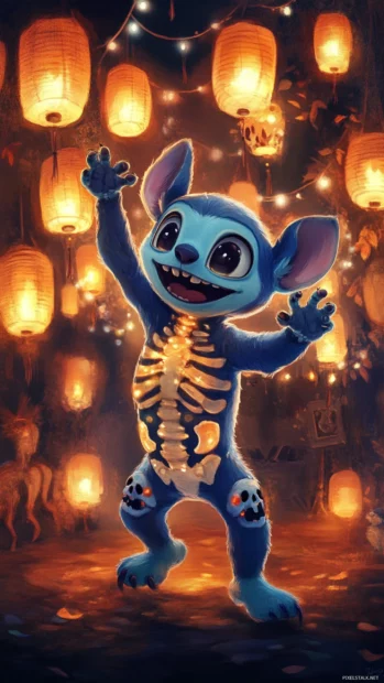 Stitch wearing a skeleton onesie dancing under hanging lanterns.