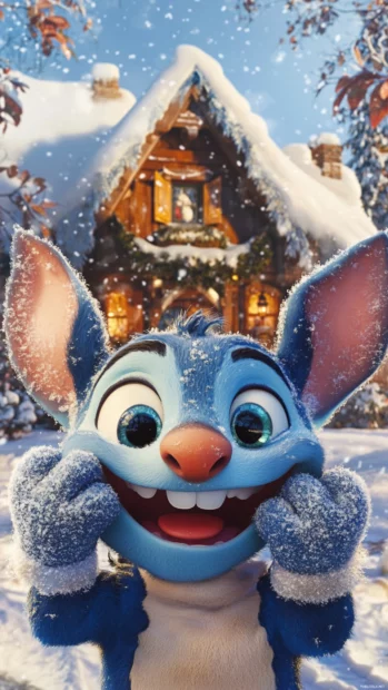 Stitch wearing fuzzy mittens making a silly face in front of a snow covered house.