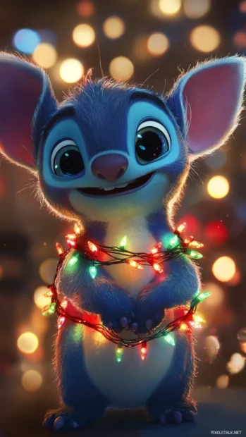 Stitch wearing tiny Christmas lights wrapped around his arms.