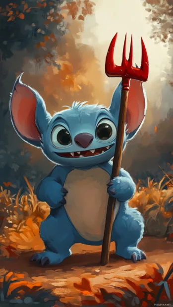 Stitch wearing tiny devil horns holding a pitchfork playfully.