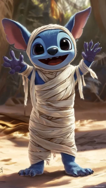 Stitch wrapped in mummy bandages waving happily at the camera.