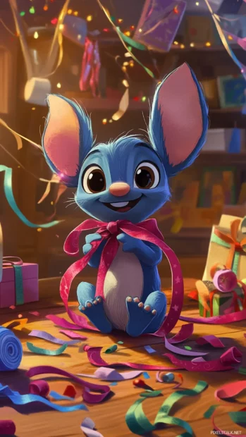 Stitch wrapping presents messily with ribbons and tape scattered everywhere.