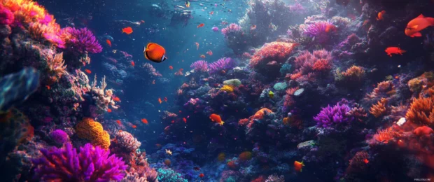 Stunning coral reef teeming with marine life, vibrant and colorful, 3440x1440 wallpaper.