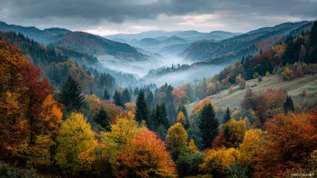 Stunning fall scenery wallpaper portraying misty valley blanketed by multicolored foliage under soft sky.