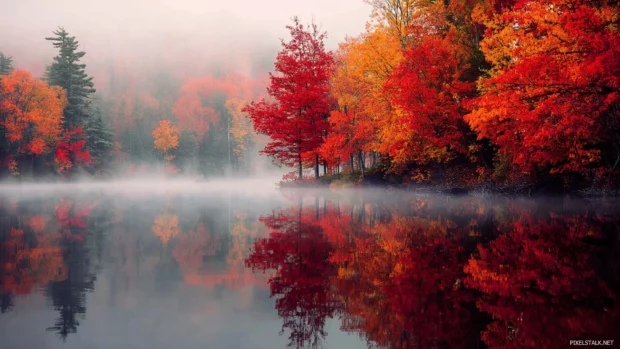 Stunning fall wallpaper showing mist rising from a serene lake surrounded by vibrant crimson and gold trees.