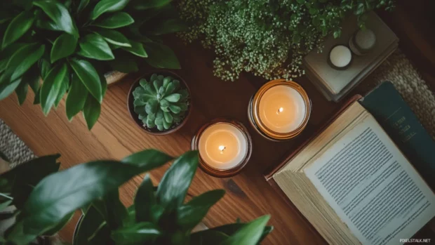 Stylish Earth tone aesthetic flat lay of books, plants, and candles.